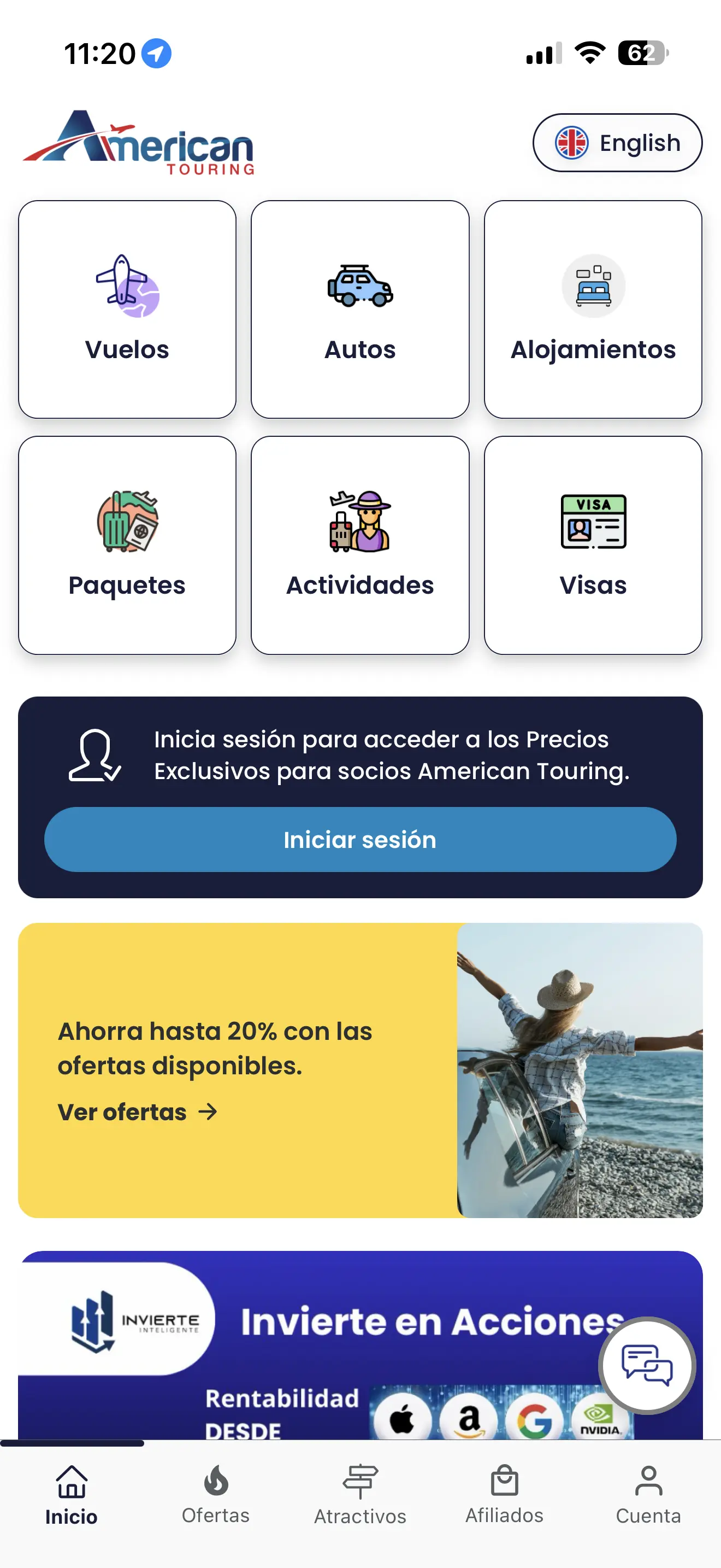 Pantalla de categorias de American Touring