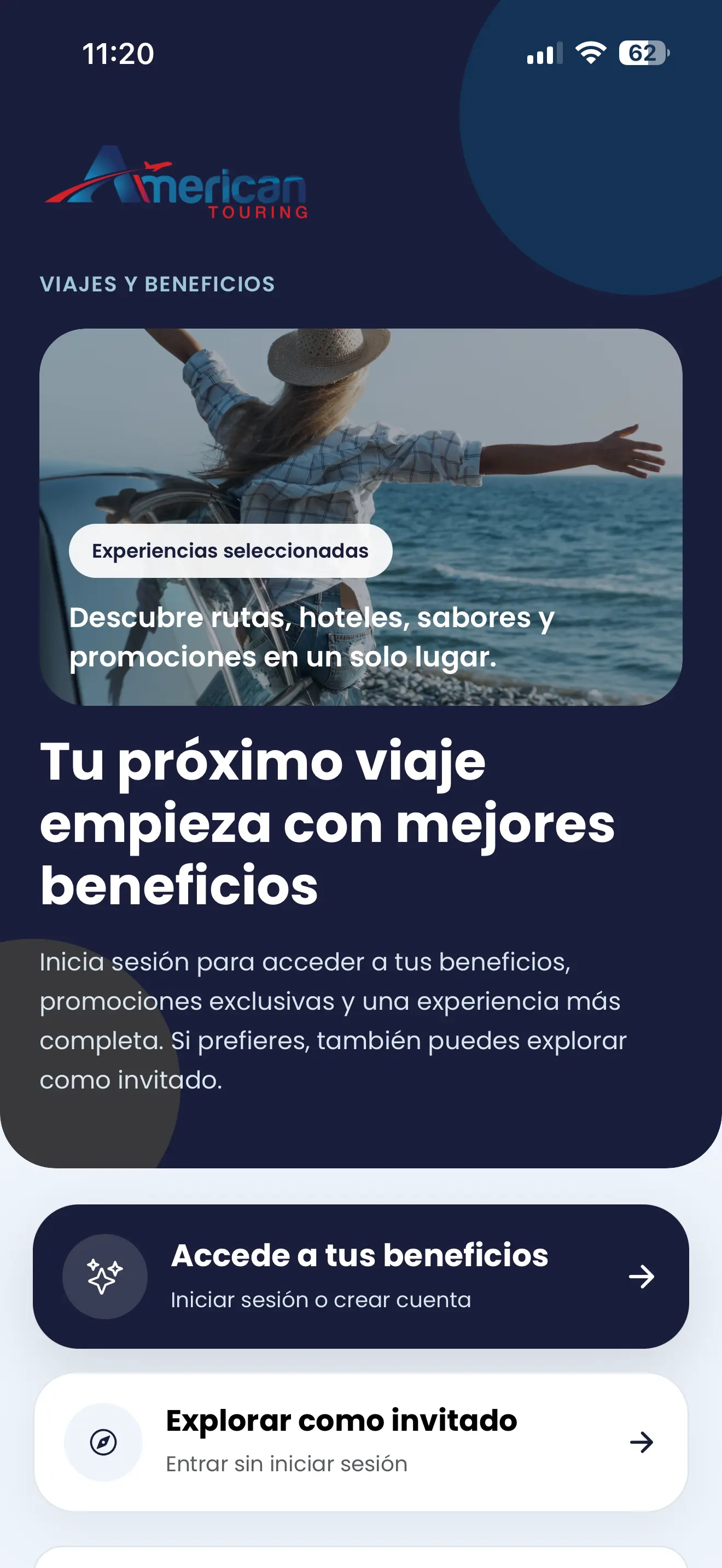 Pantalla de inicio de American Touring